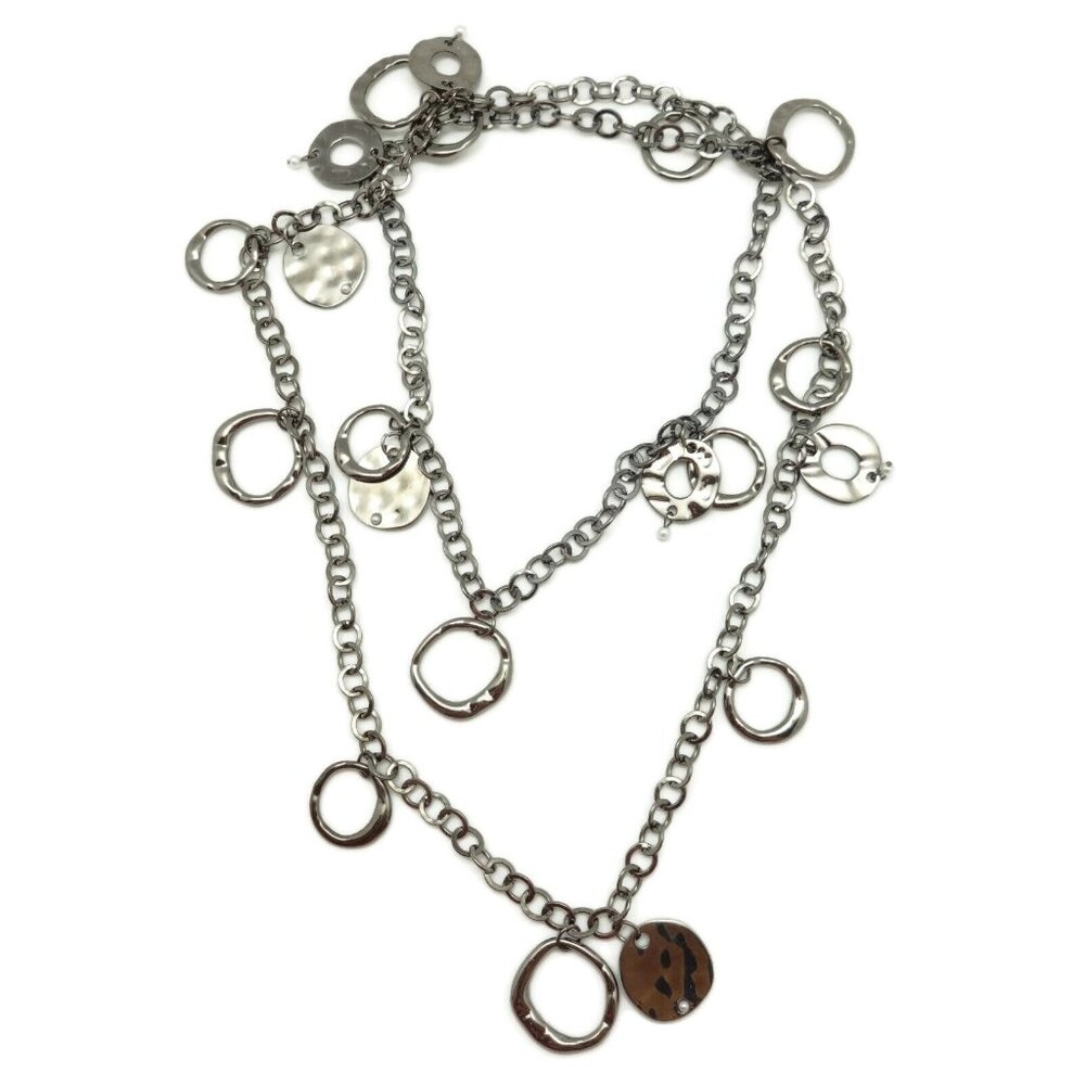 MACY'S Silvertone Medallions Circles with Pearls Gunmetal Grey Necklace 46" NWOT